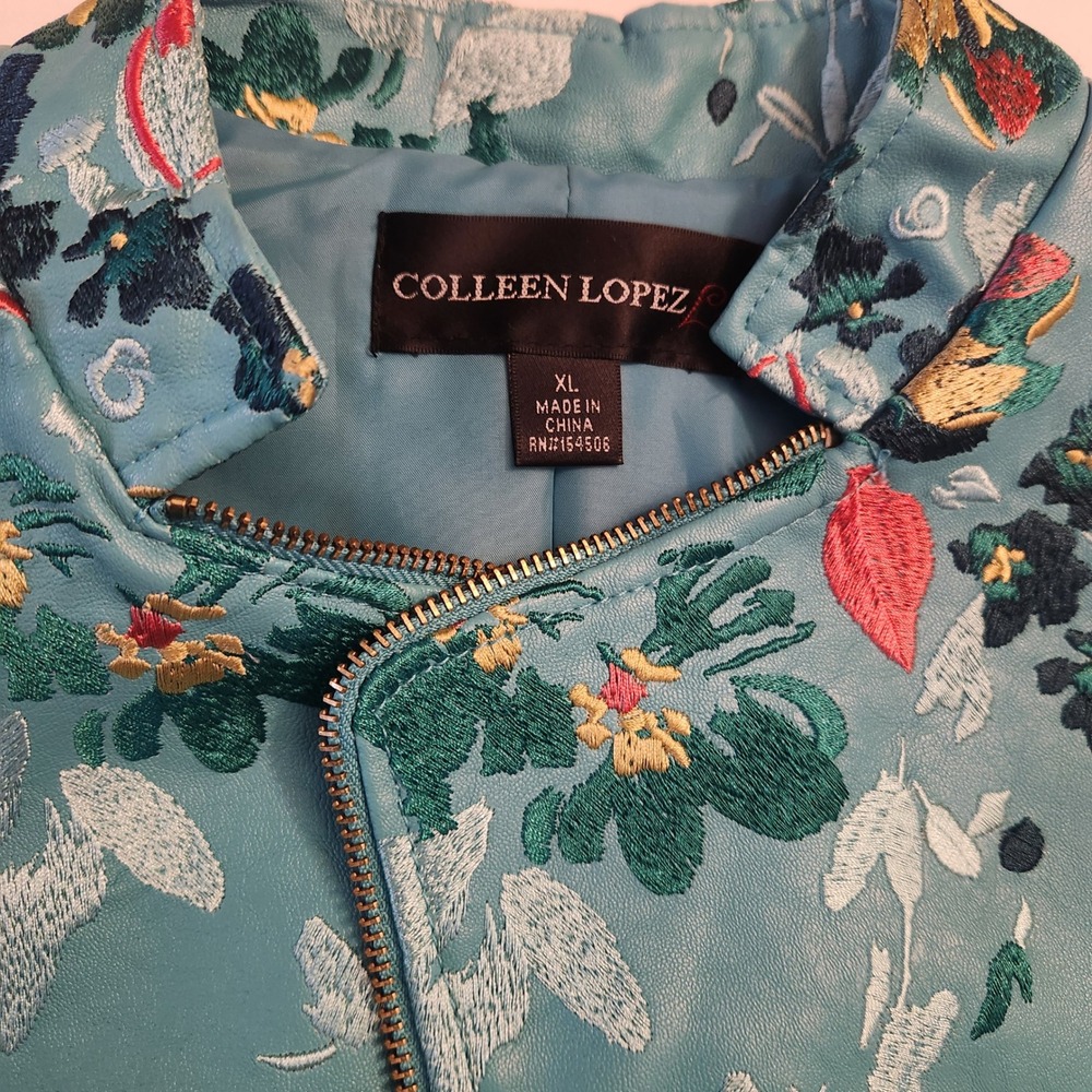 Colleen Lopez Turquoise Blue Floral Embroidered Faux Leather Moto Jacket XL